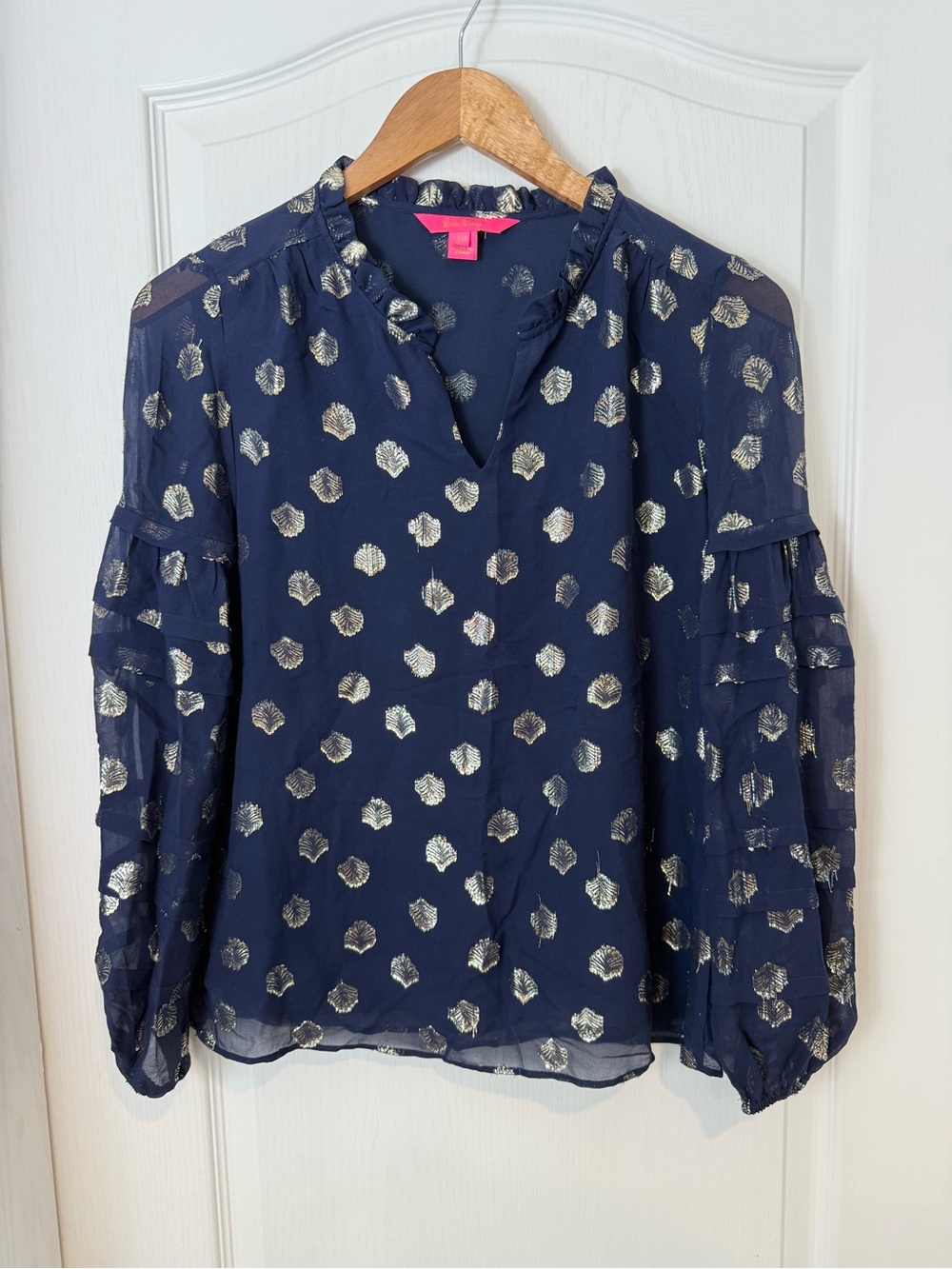Lilly Pulitzer Navy Blouse with Metallic Dot Print - Picture 3 of 6